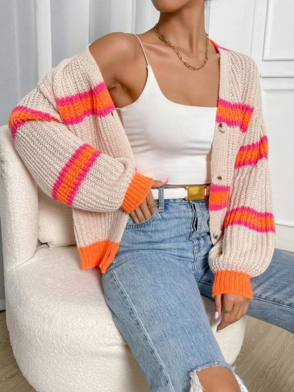 Cream Knit Cardigan with Pink & Orange Stripe Trim - Picture 5 of 6